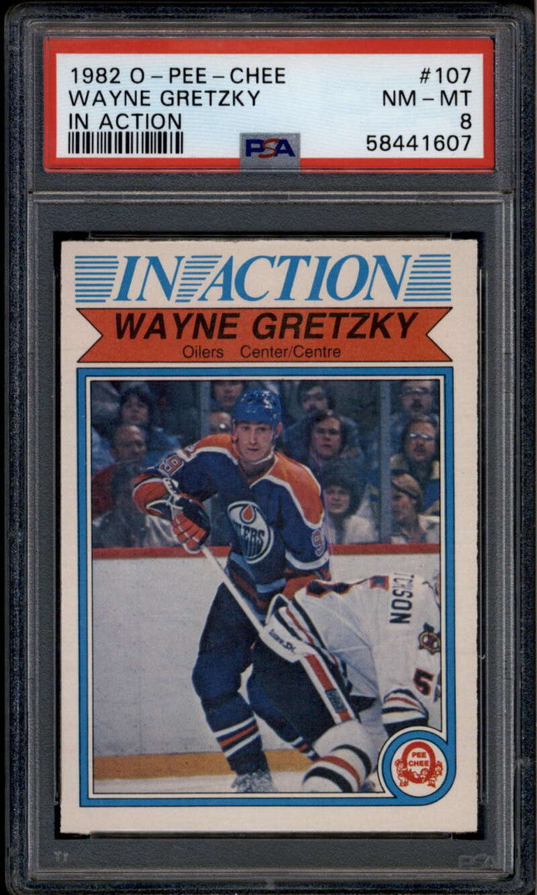 SOLD 185943 1982-83 O-Pee-Chee 107 Wayne Gretzky IA In Action PSA 8 NM-MT