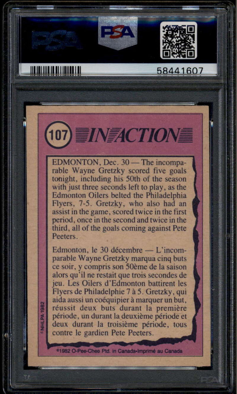 SOLD 185943 1982-83 O-Pee-Chee 107 Wayne Gretzky IA In Action PSA 8 NM-MT