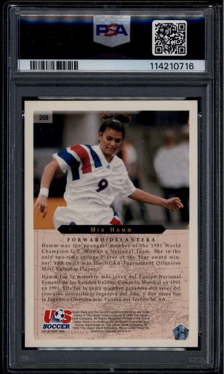 SOLD 185955 1994 UD World Cup Contenders English/Spanish 268 Mia Hamm Rookie RC PSA 9