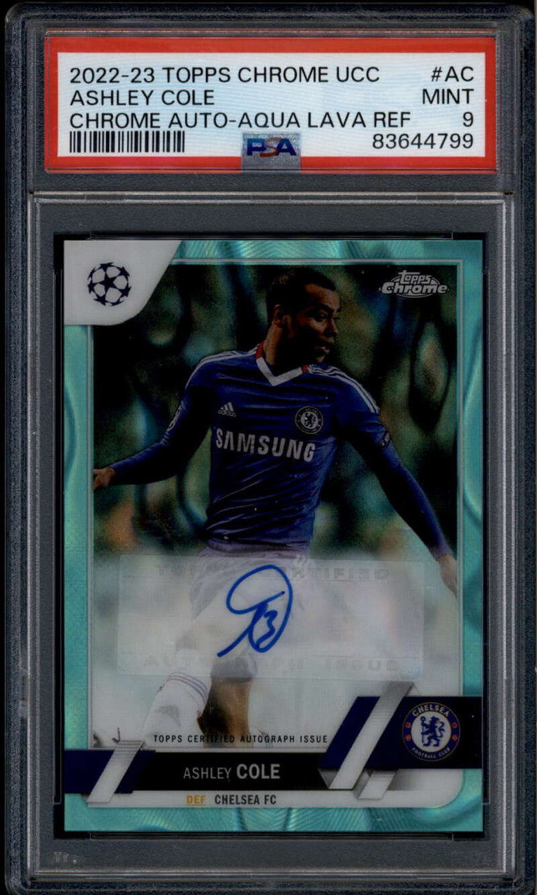 SOLD 185958 2022-23 Topps Chrome UEFA Club Aqua Lava Refractor CAAC Ashley Cole Auto PSA 9