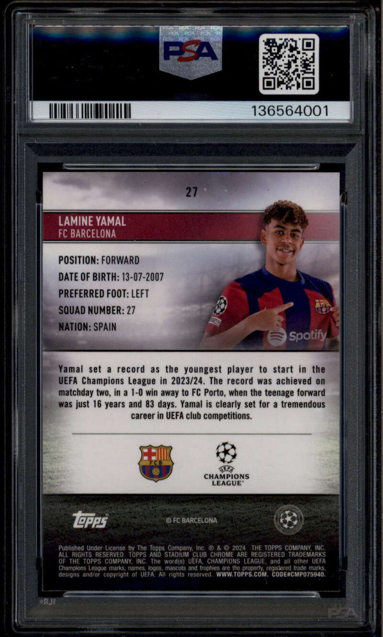 SOLD 185960 2023-24 Stadium Club Chrome UEFA CL 27 Lamine Yamal Rookie RC PSA 9 MINT