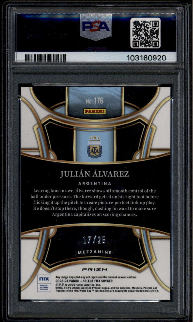 2023-24 Select FIFA Zebra Refractor 176 Julian Alvarez Mezzanine /25 PSA 10 GEM