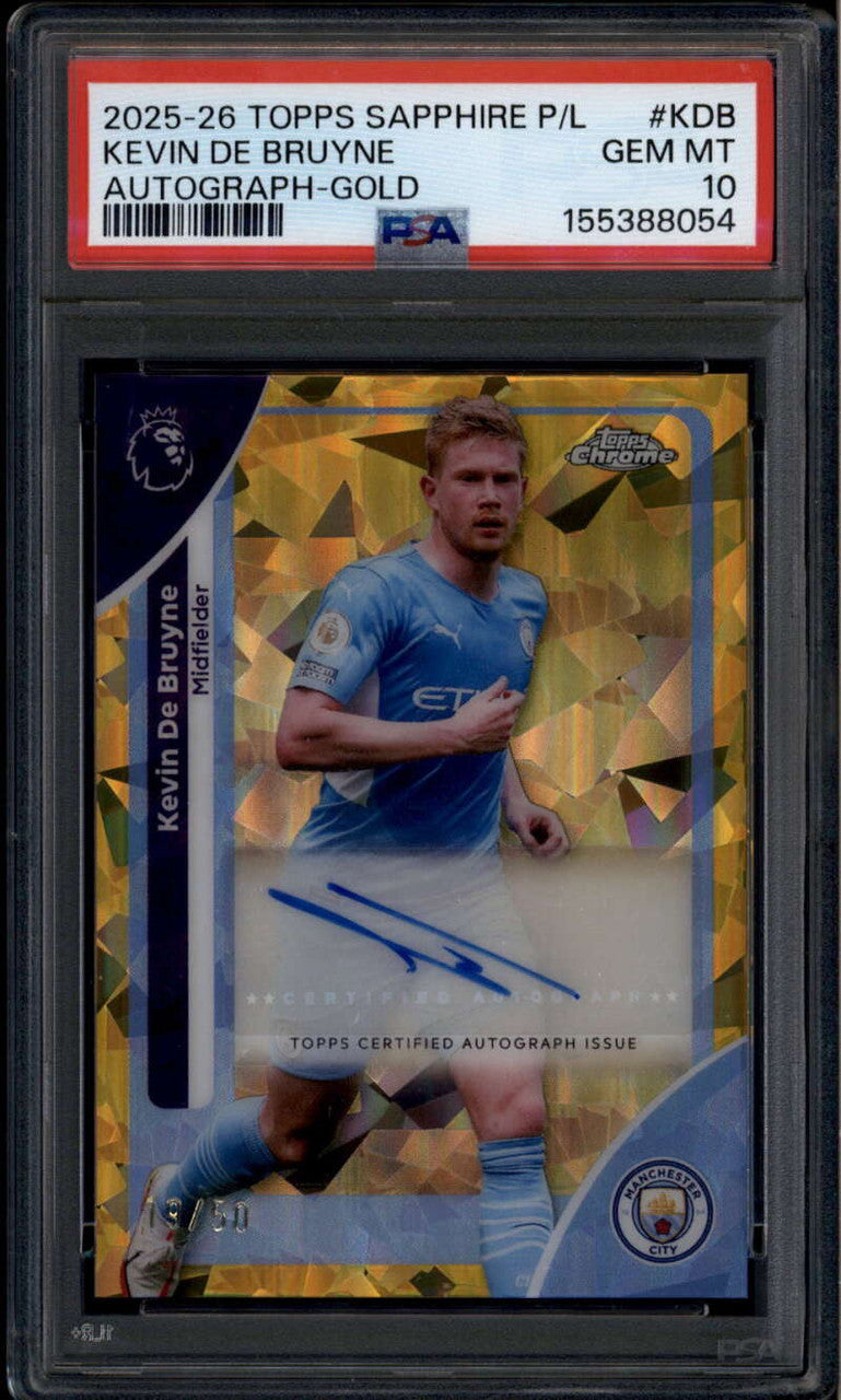 SOLD 185975 2025-26 Topps Chrome Autographs Gold Refractor Kevin De Bruyne Auto 19/50 PSA 10