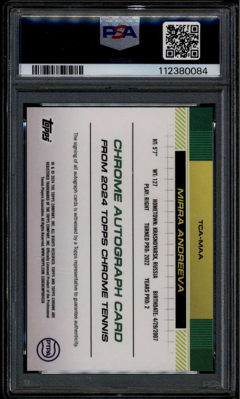 SOLD 185988 2024 Topps Chrome Autographs Green Refractor Mirra Andreeva RC Auto 33/99 PSA 10