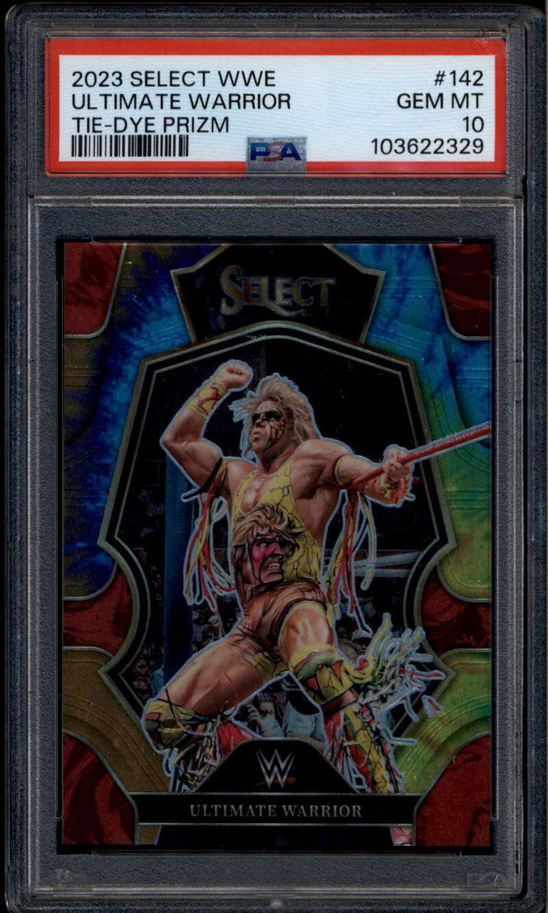 2023 Select WWE Prizms Tie-Dye Refractor 142 Ultimate Warrior /25 Premier PSA 10