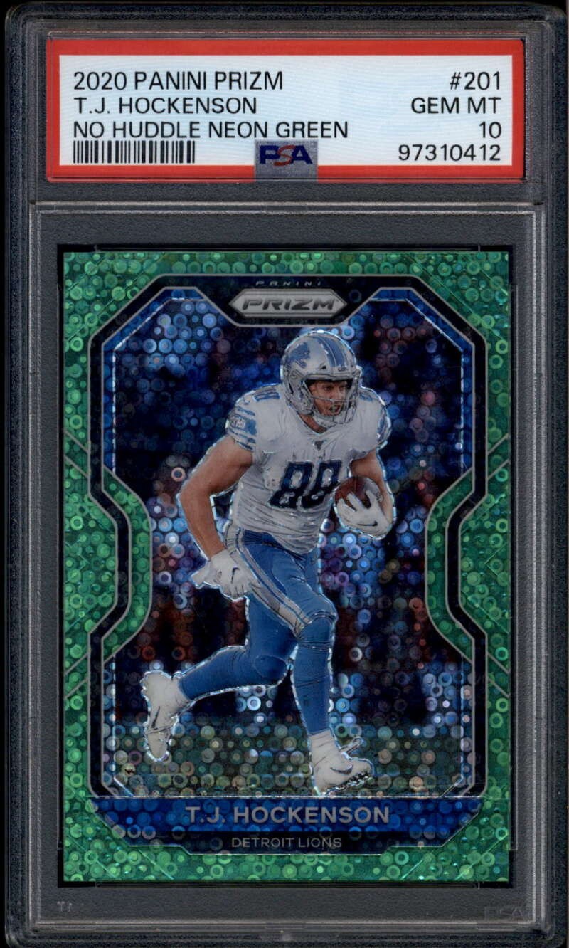 2020 Panini Prizm Prizms No Huddle Neon Green 201 T. J. Hockenson 1/5 PSA 10 GEM