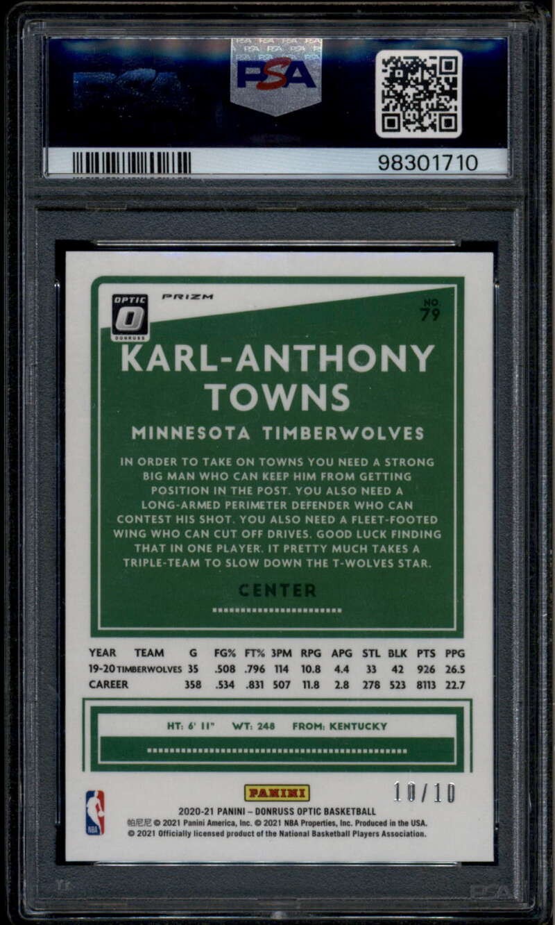 2020-21 Donruss Optic Fast Break Gold Refractor 79 Karl-Anthony Towns /10 PSA 9
