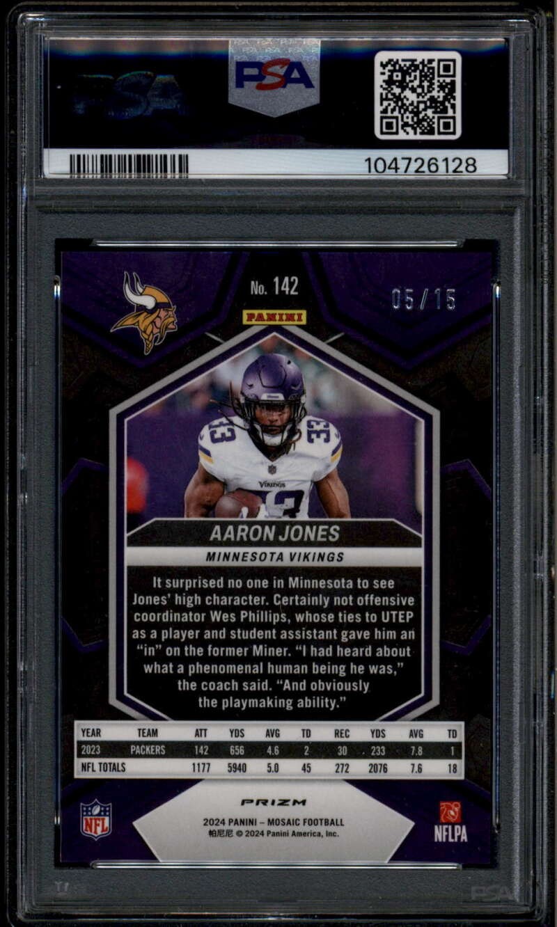 2024 Panini Mosaic Blue Fluorescent Refractor 142 Aaron Jones 5/15 PSA 10 GEM MT