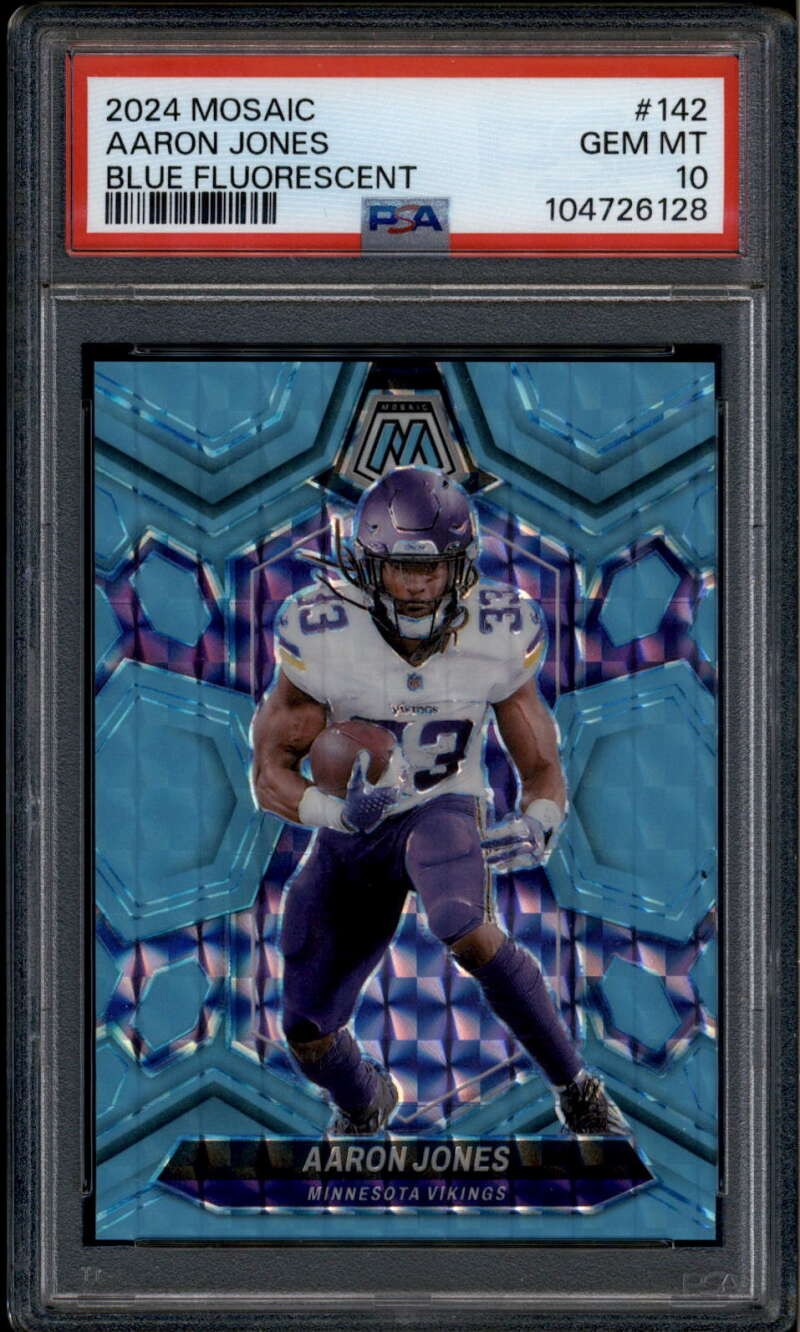 2024 Panini Mosaic Blue Fluorescent Refractor 142 Aaron Jones 5/15 PSA 10 GEM MT